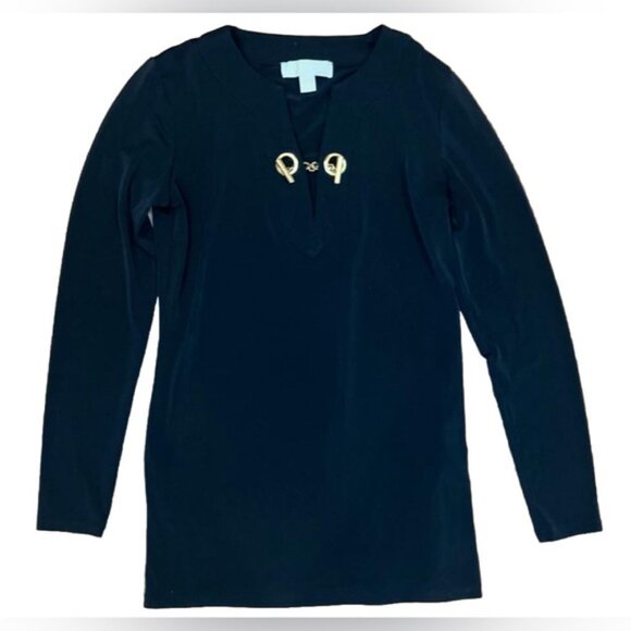 MICHAEL‎ MICHAEL KORS V neck with Gold Toggle Neck Long Sleeve Tunic Blouse XS - Picture 1 of 10